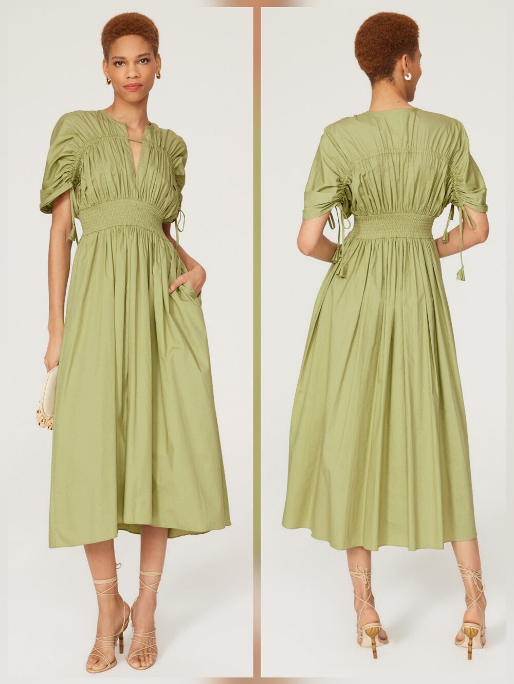Misa Los Angeles Olive Green Gathered Midi Dress